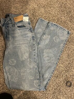 Light Wash Floral-Print Wide Leg Jeans